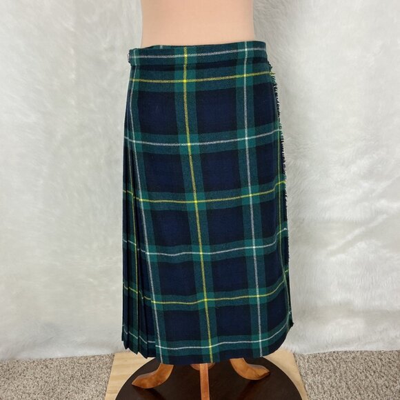 Vintage 80s Green Blue Tartan Plaid Pleated Wool Midi Wrap Skirt Vintage Size 18 - Picture 1 of 7